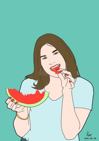 A woman eating watermelon